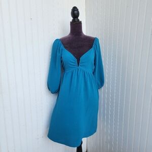 Monteau Women’s Deep V-Neck Flare Dress Teal Blue 3/4 Sleeve Stretch  Sz S